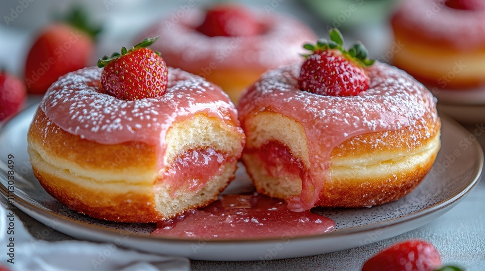 Delicious strawberry-filled doughnuts dripping with icing and topped with fresh strawberries Delicious strawberry-filled doughnuts dripping with icing and topped with fresh strawberries