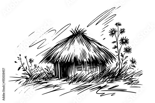 artistic sketch of a small thatched house in a meadow with plants and flowers