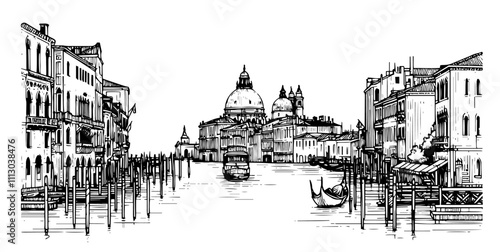 detailed black and white illustration of venice canal and historic buildings