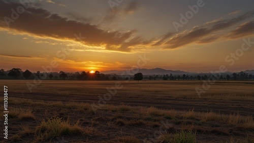 Golden sunrise over a vast, flat field with distant mountains.