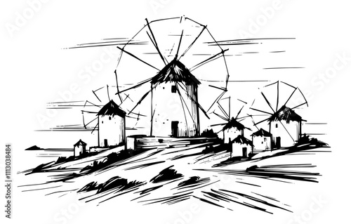 traditional windmills in rural landscape illustration