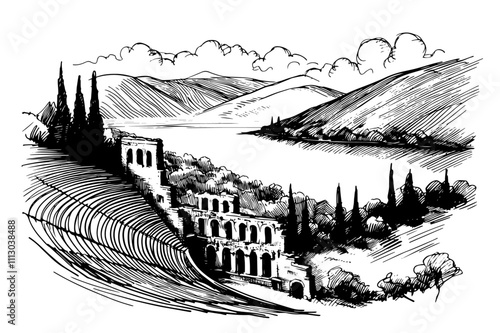 coastal landscape with historic amphitheater in black and white