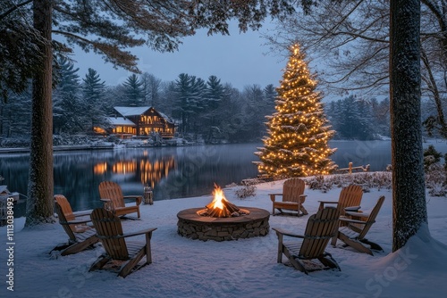 Christmas tree illuminating snowy lakeside retreat with bonfire and wooden chairs photo