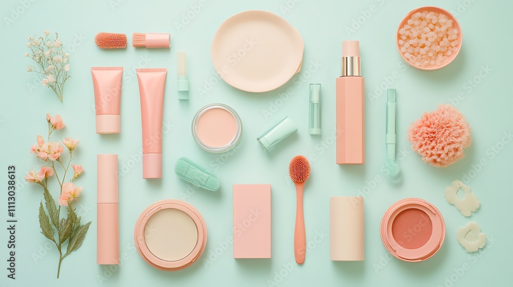 Beauty products in pink and peach hues arranged on a teal background. Beauty products in pink and peach hues arranged on a teal background.