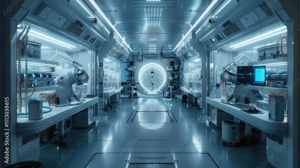 Futuristic laboratory interior with robotic arms, advanced equipment, and a circular window. Futuristic laboratory interior with robotic arms, advanced equipment, and a circular window.