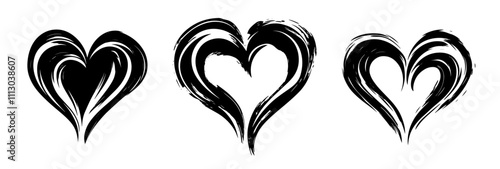 expressive heart icons with brush stroke texture black vector illustration