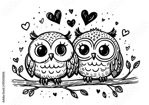 set of romantic owls with hearts