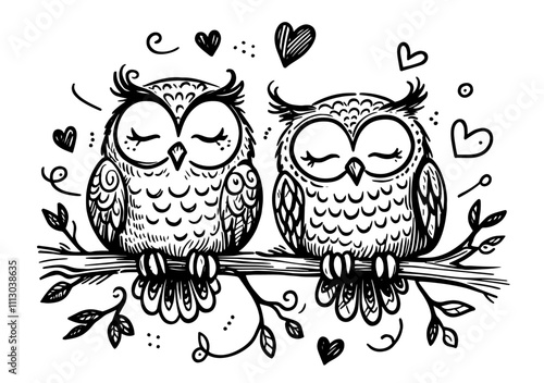 set of romantic owls with hearts