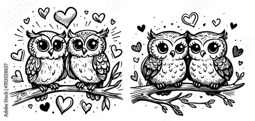set of romantic owls with hearts