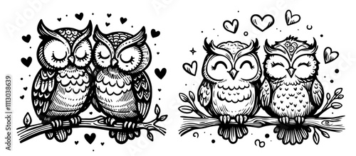 set of romantic owls with hearts