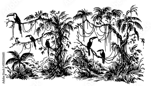 tropical rainforest scene with toucans and palm trees in hand-drawn black vector