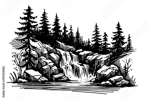 wilderness forest with stream and natural elements black vector art
