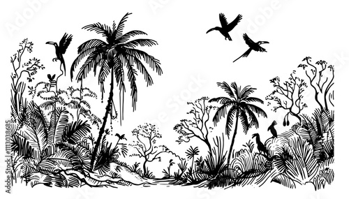 tropical rainforest scene with toucans and palm trees in hand-drawn black vector