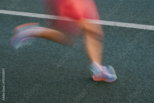 A runner blurred into motion during a city marathon 