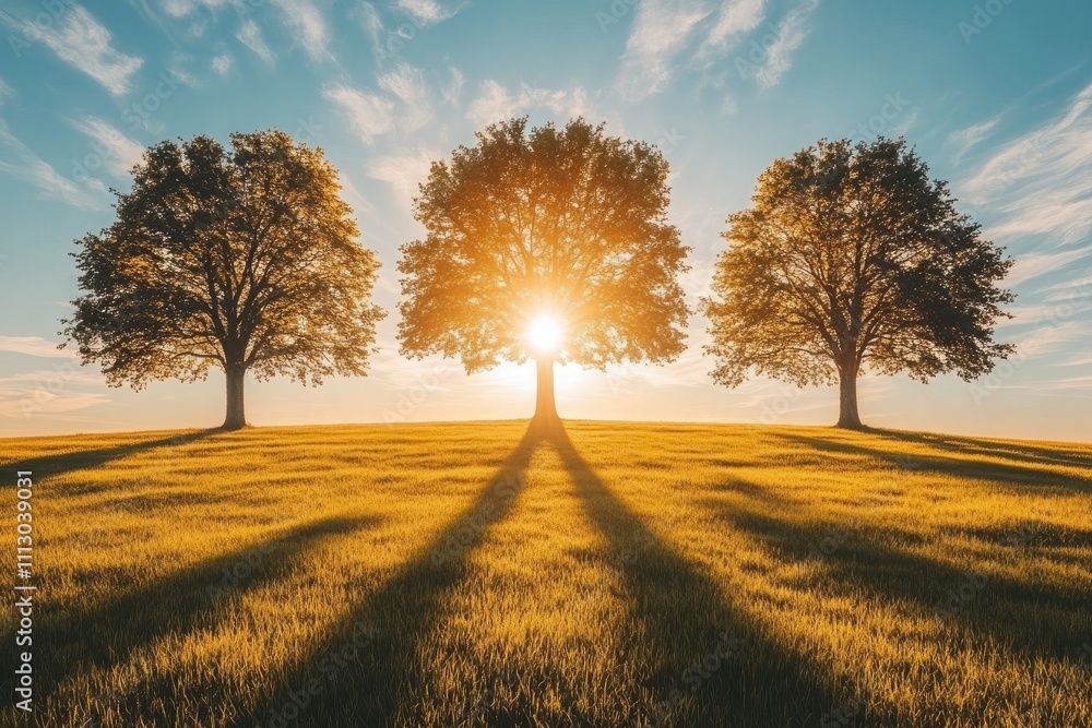 Obraz premium Bright sun shining through majestic trees on a golden hill at sunset
