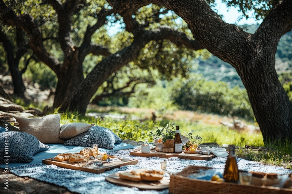 Romantic picnic setup under oak trees with wine, cheese, and bread Romantic picnic setup under oak trees with wine, cheese, and bread