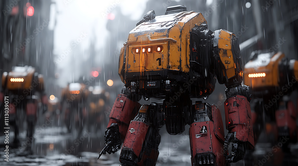Rainy Day Robot Patrol: Futuristic Cityscape with Mechanical Units Rainy Day Robot Patrol: Futuristic Cityscape with Mechanical Units