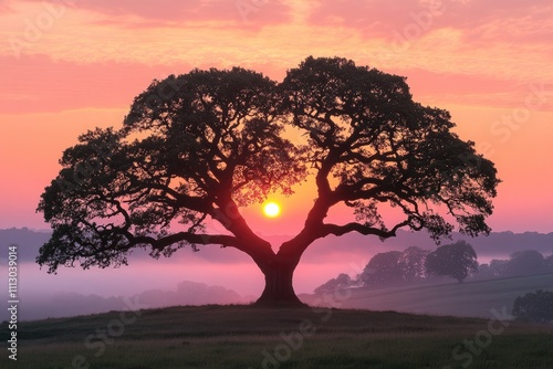 Lone oak tree framing rising sun at dawn in misty valley