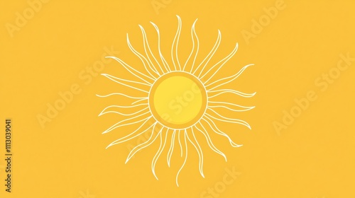 A stylized sun with white rays against a yellow background.