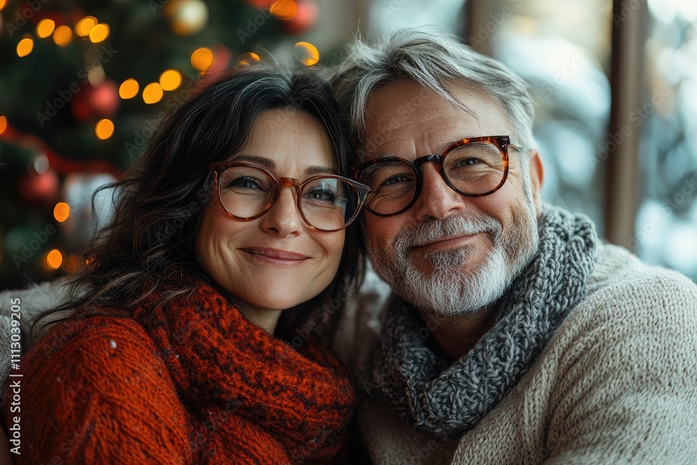 Senior couple smiling together by christmas tree wearing warm clothes Senior couple smiling together by christmas tree wearing warm clothes