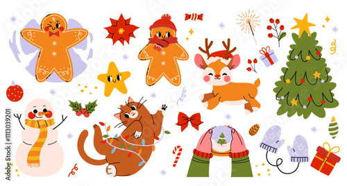 Cute sticker pack of winter Groovy Christmas characters and elements. Christmas tree, gingerbread, star, cat, gifts, snowman, holly jolly vibes in trendy retro cartoon style. Hand draw vector