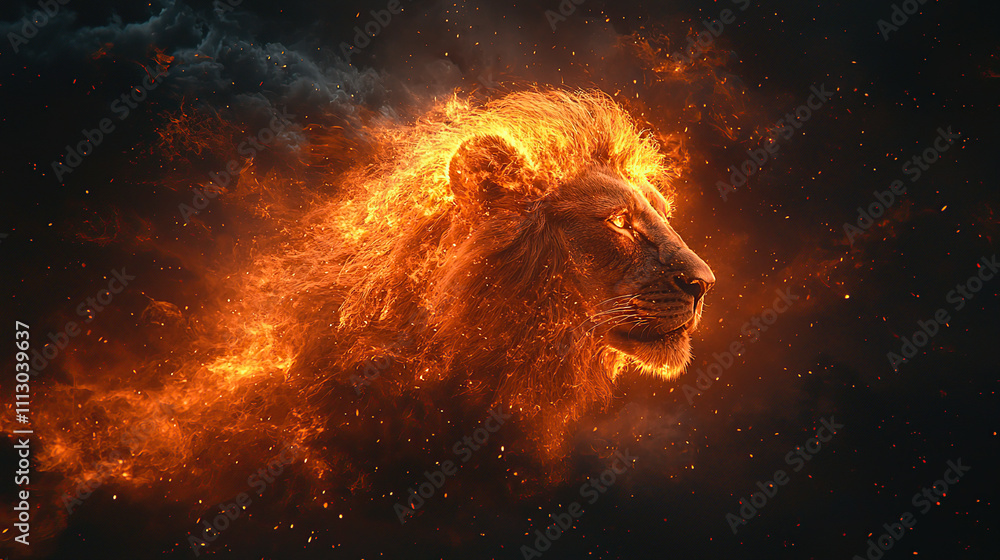 Naklejka premium fire, lion, fierce, majestic, wild, powerful, predator, king, jungle, mane, roar, strength, courage, pride, hunter, beast, savannah, claws, fangs, golden, regal, alpha, dominant, fearless, protector, 