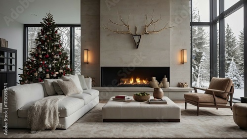 A Christmas tale by the fireplace: coziness, the warmth of the fire, a decorated tree, gifts, and festive decor fill the home with joy and holiday spirit.