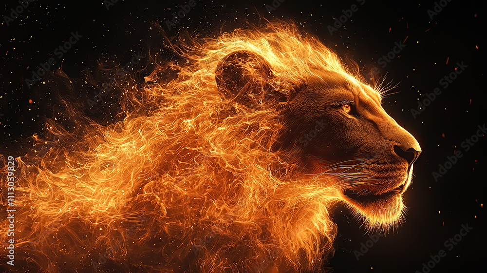 Naklejka premium fire, lion, fierce, majestic, wild, powerful, predator, king, jungle, mane, roar, strength, courage, pride, hunter, beast, savannah, claws, fangs, golden, regal, alpha, dominant, fearless, protector, 