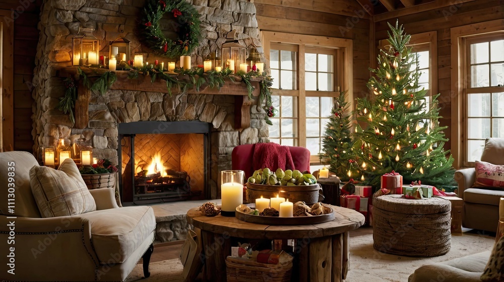 Fototapeta premium A Christmas tale by the fireplace: coziness, the warmth of the fire, a decorated tree, gifts, and festive decor fill the home with joy and holiday spirit.