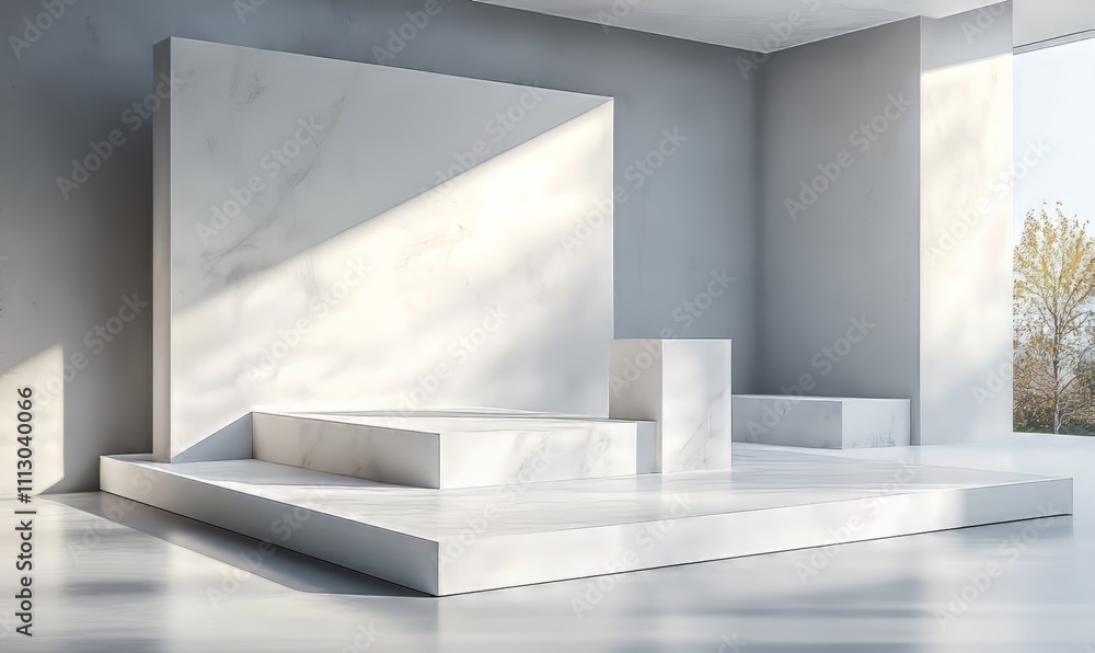 white booth stand room with wall mockup. Empty display corner with podium on floor mockup template. Blank presentation showroom interior set. Isolated advertising cube area