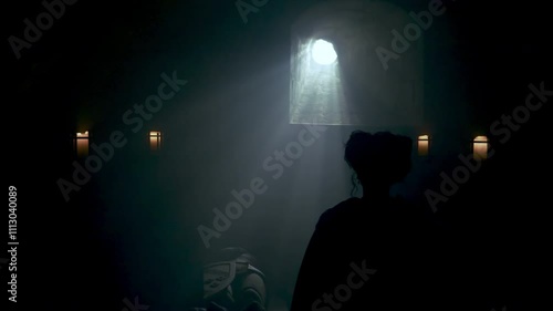 Female Silhouette Looking From Window Inside House. Silhouette of an isolated woman looking to the full moon through a big window inside a house. Jail