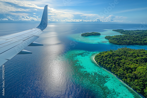 The wing of an airplane glides smoothly over crystal-clear blue waters, with sunlight reflecting off the ocean's surface photo