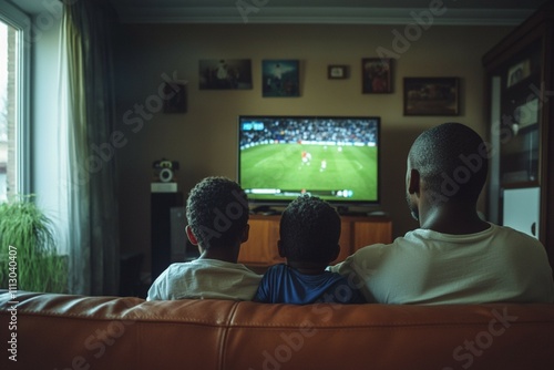 A dad and his kids are gathered in the living room at home  enjoying a football game on TV. 