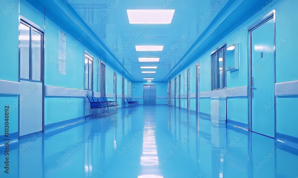 A clean and orderly hospital hallway with blue walls, polished floors, and overhead fluorescent lighting. A clean and orderly hospital hallway with blue walls, polished floors, and overhead fluorescent lighting.