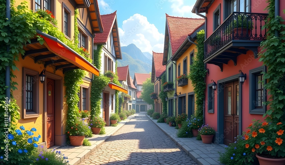 A winding cobblestone street in a quaint European town A winding cobblestone street in a quaint European town