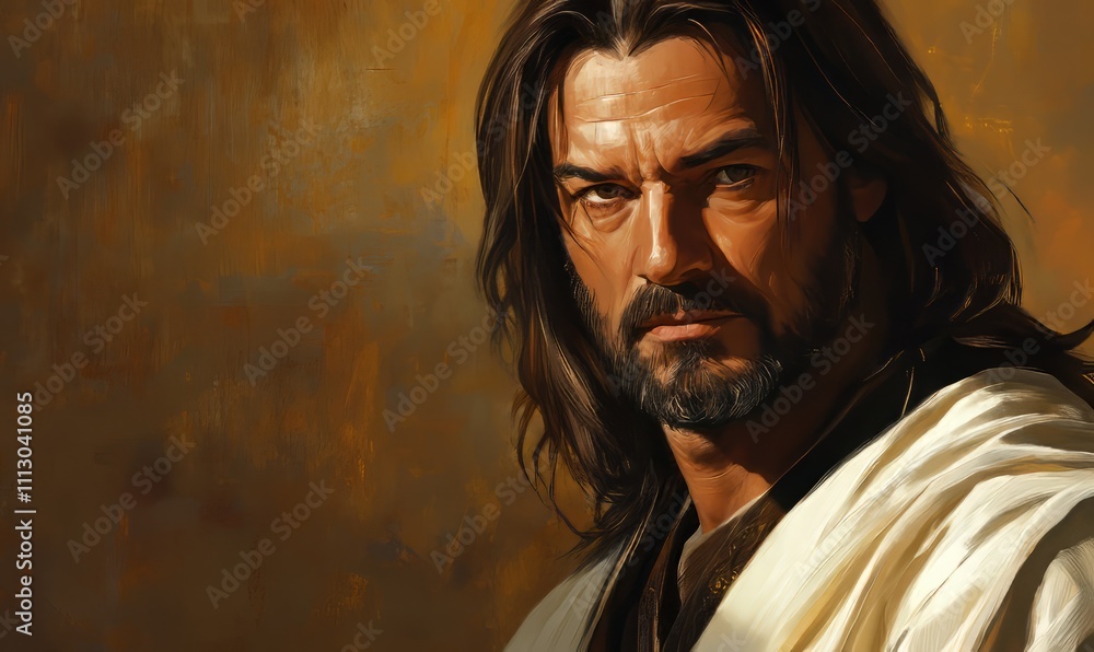 A close-up portrait of a man with long hair and a beard, dressed in simple robes, conveying a historical and solemn presence. A close-up portrait of a man with long hair and a beard, dressed in simple robes, conveying a historical and solemn presence.