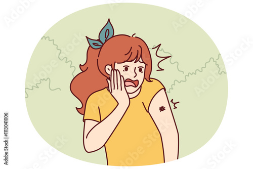 Frightened teenage girl with tick crawling on arm screams for fear contracting infection from insect. Little schoolgirl in park screams sees beetle on shoulder suffering from arachnophobia