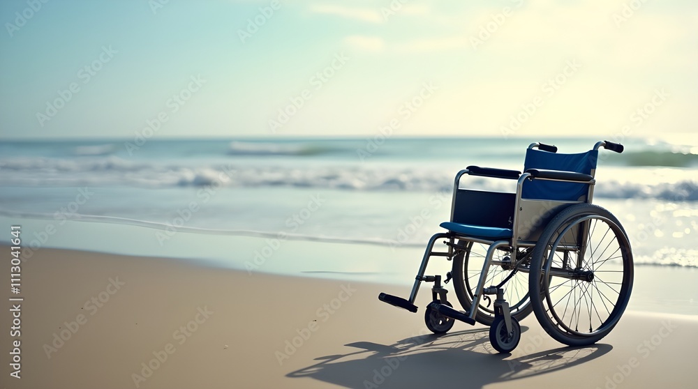 Fototapeta premium An empty wheelchair on a beach