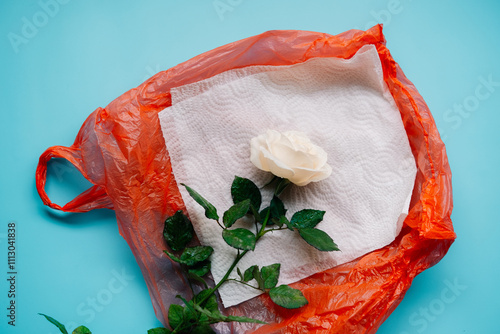 White rose on a paper towel inside an orange plastic bag

 photo