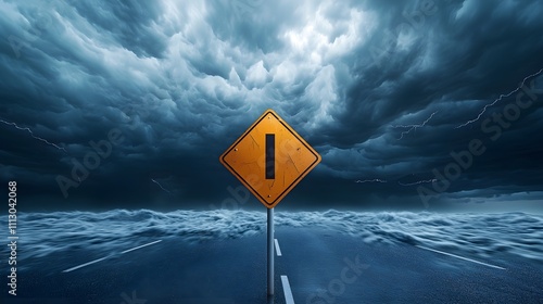 An ancient road sign, barely upright in violent wind, with jagged clouds overhead, the air crackling with energy as a storm approaches, everything feels ominous photo