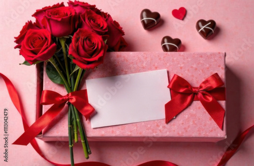 Elegant floral arrangement featuring roses and Valentine's chocolates, ideal for romantic gift-giving on special occasions.
