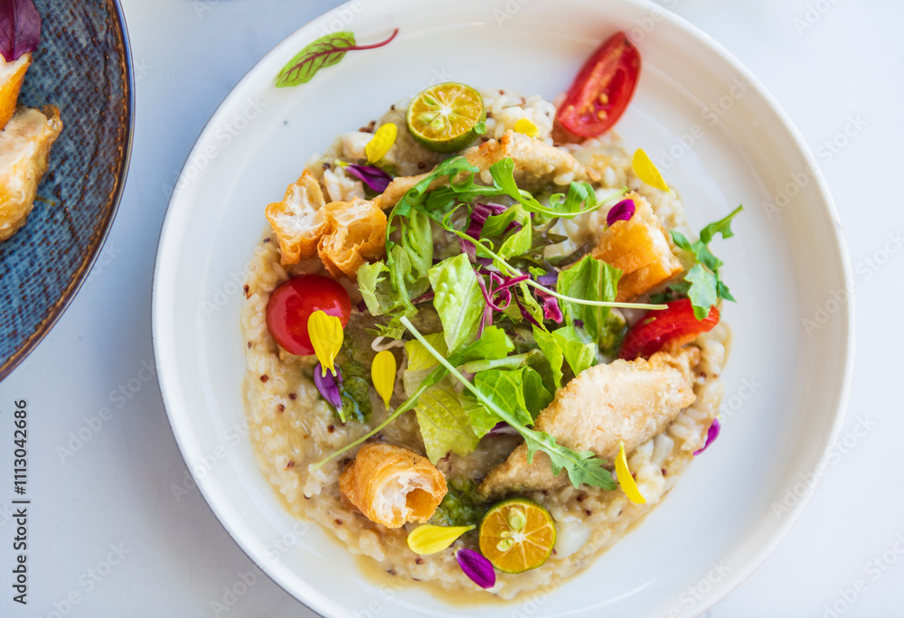 Asian Fusion Seafood Risotto with Crispy Wontons Asian Fusion Seafood Risotto with Crispy Wontons