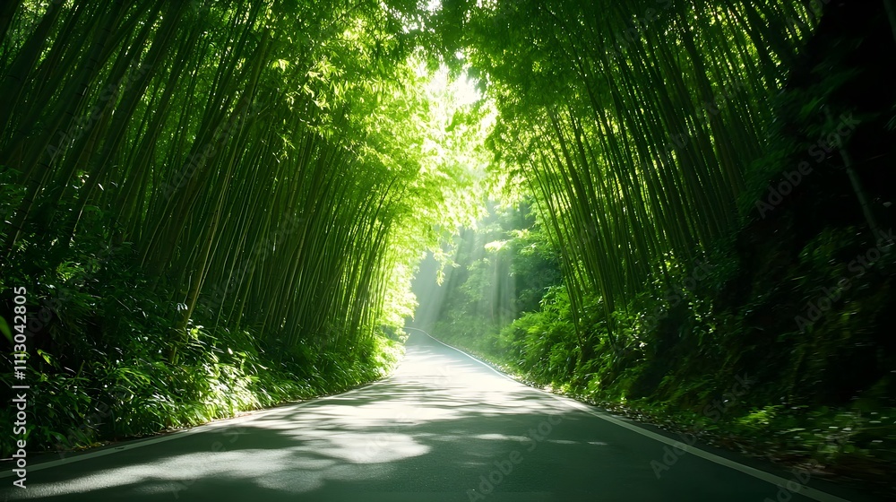 Naklejka premium An enchanting, secluded bamboo forest road, with sunlight shimmering through the dense green canopy, the perfect sanctuary for peaceful solitude