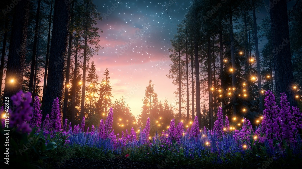 Enchanting Woodland Scene with Blooming Wildflowers Under a Starry Sky at Dusk, Invoking a Magical Experience of Nature's Beauty and Serenity Enchanting Woodland Scene with Blooming Wildflowers Under a Starry Sky at Dusk, Invoking a Magical Experience of Nature's Beauty and Serenity