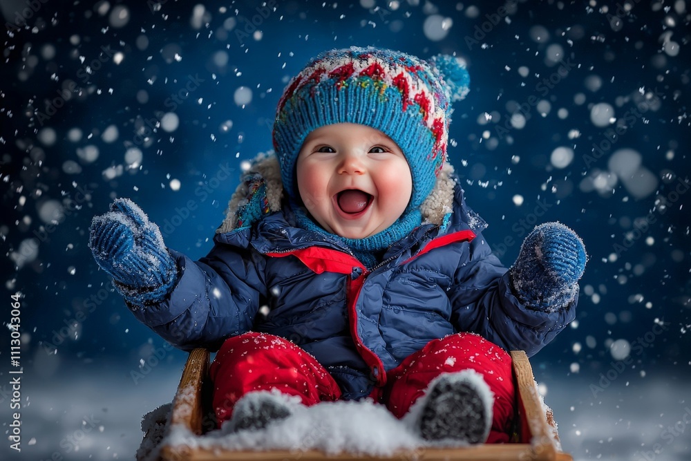 Playful Baby Sitting on Sled in Snowy Landscape, Enjoying the Winter Wonderland Around Him with Joyful Expressions and Gentle Snowfall Playful Baby Sitting on Sled in Snowy Landscape, Enjoying the Winter Wonderland Around Him with Joyful Expressions and Gentle Snowfall