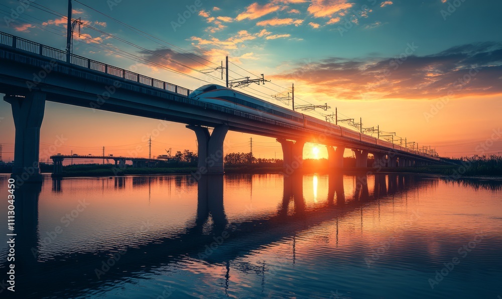 A high-speed train travels across a long bridge over a river during a beautiful sunset, showcasing modern transportation and scenic views. A high-speed train travels across a long bridge over a river during a beautiful sunset, showcasing modern transportation and scenic views.