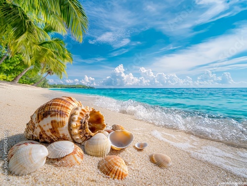 Peaceful Tropical Island Shoreline with Shimmering Seashells and Gentle Waves under a Bright Sky – Perfect for Relaxation and Nature Themes photo