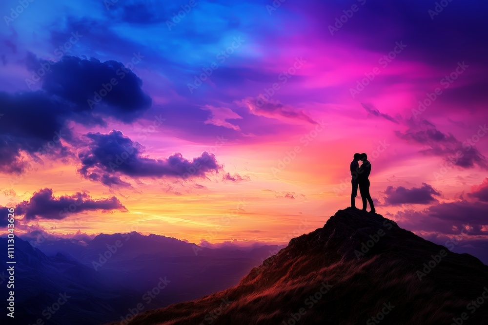 Romantic Silhouette of a Couple Embracing on a Hilltop Against a Colorful Sunset Sky, Capturing Love and Connection in Nature's Splendor Romantic Silhouette of a Couple Embracing on a Hilltop Against a Colorful Sunset Sky, Capturing Love and Connection in Nature's Splendor