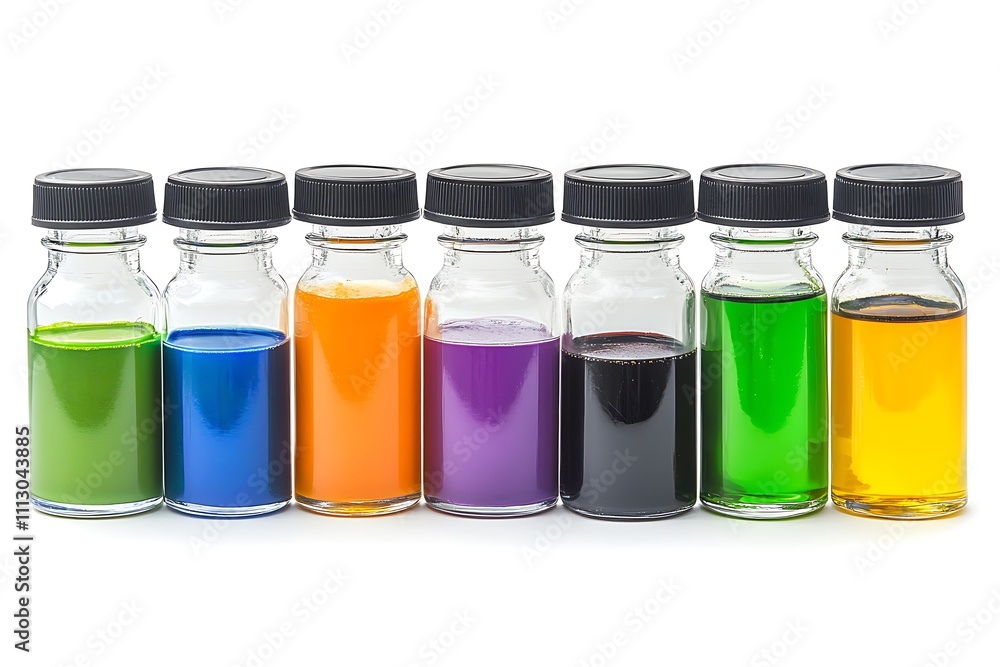 Seven Glass Bottles with Colorful Liquids Seven Glass Bottles with Colorful Liquids