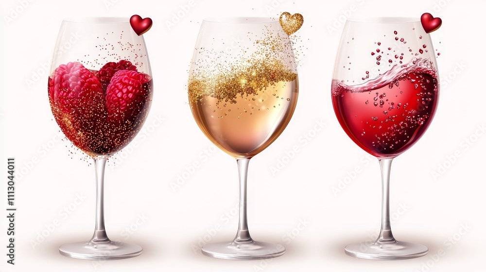 Romantic wine glasses with vector hearts and sparkles, festive and clean, white background Romantic wine glasses with vector hearts and sparkles, festive and clean, white background